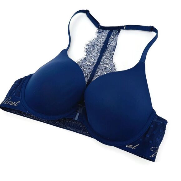 Victoria's Secret Navy Lace Racerback T-Shirt Push Up Full Coverage Bra 34B - Picture 1 of 6